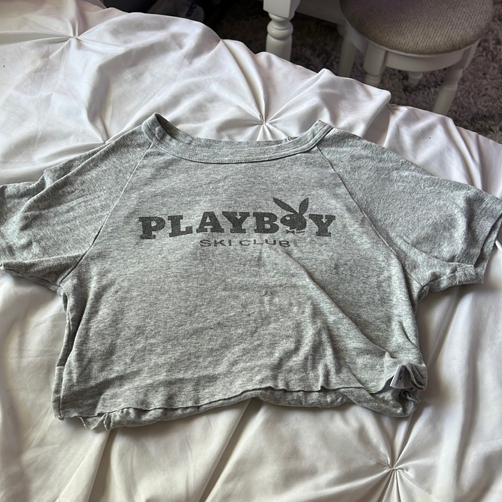 grey playboy crop top ( Cropped this myself, not bad)